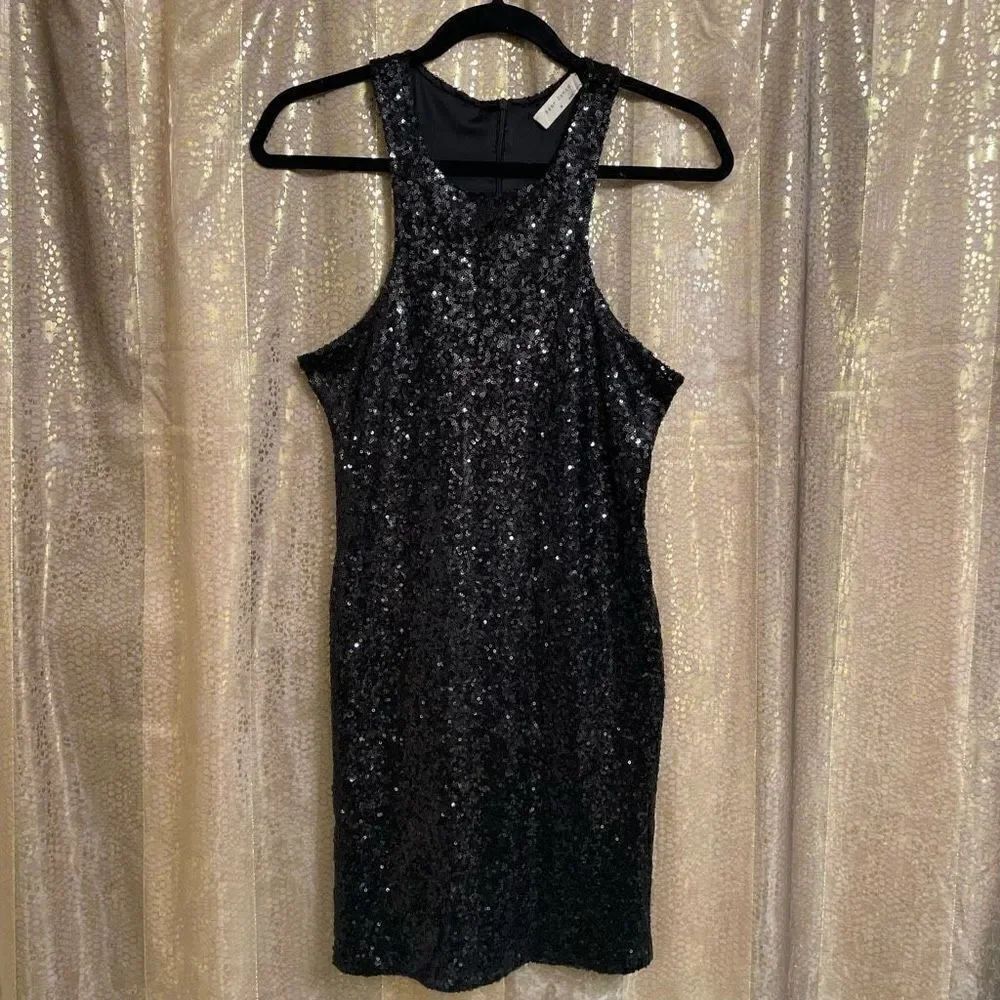 Bear Dance Women’s Medium Black Sequin Evening Sleeveless MIDI Dress Back Zip